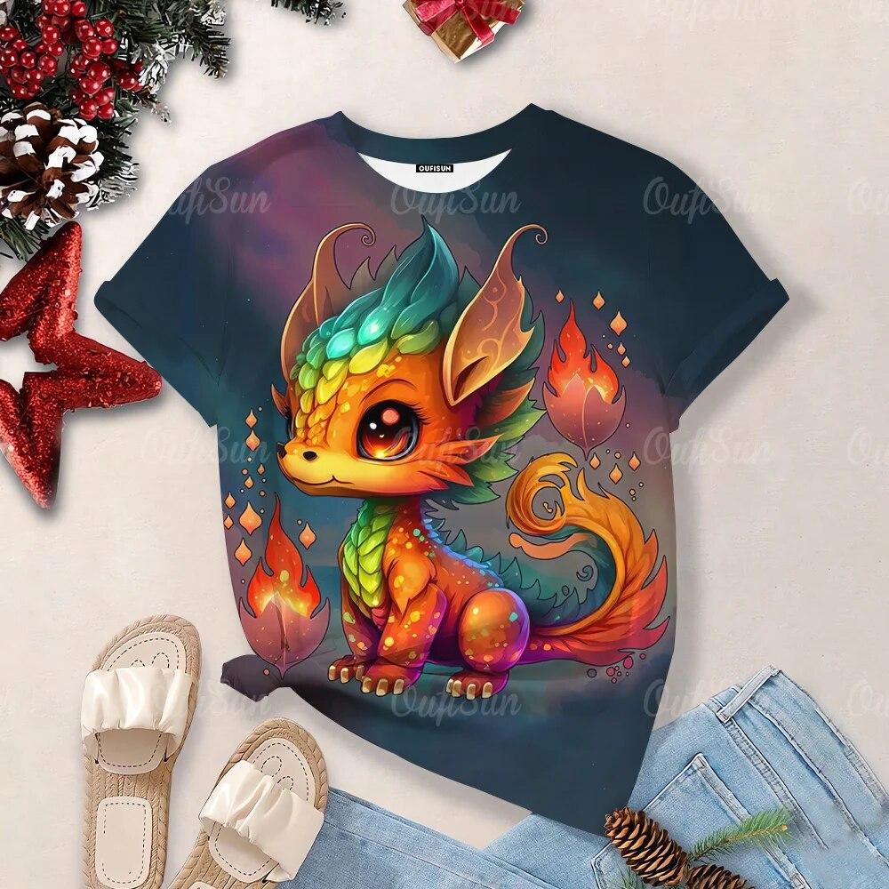 Women's Cartoon Dragon T-Shirt Fashion 3d T Shirt Fashion Near Short-Sleeved Oversized Streetwear Tees Casual Woman Tops