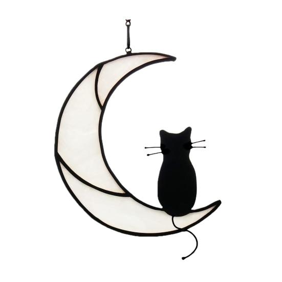 Cat On Moon Hanging Ornament Stained Glass Window Hanging Suncatcher Acrylic Panel Wall Art Memorial Gift for Women Wife Mom Cat Lovers