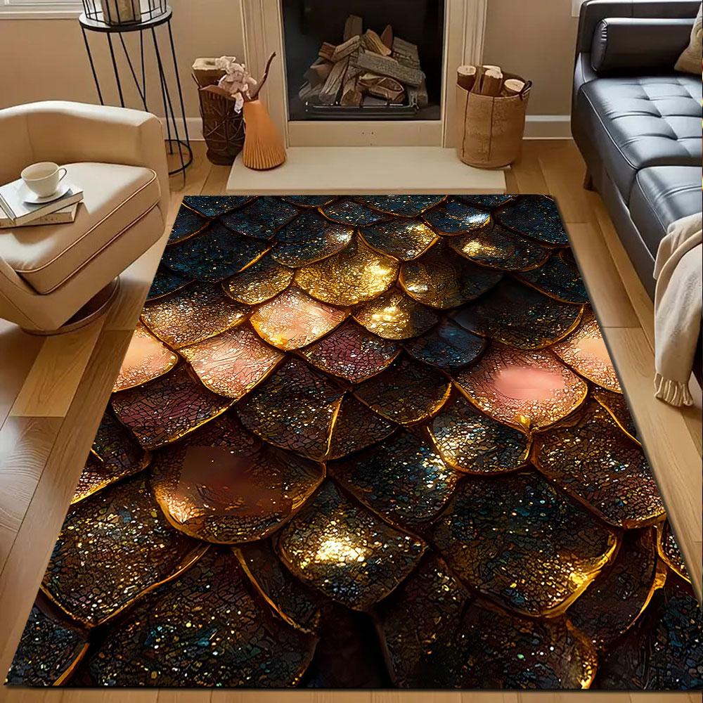 Glittering Dragon Scales Design Patterned Carpet, Non Slip Mat Suitable for Living Room and Bedroom Sofas