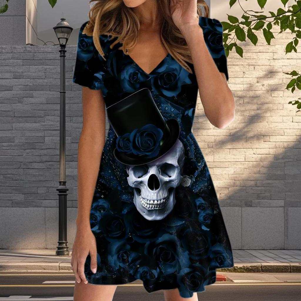 Summer Fashion Women's V Neck Short Sleeve Skeleton Printed  Dress Sex Short Skirt Dresses