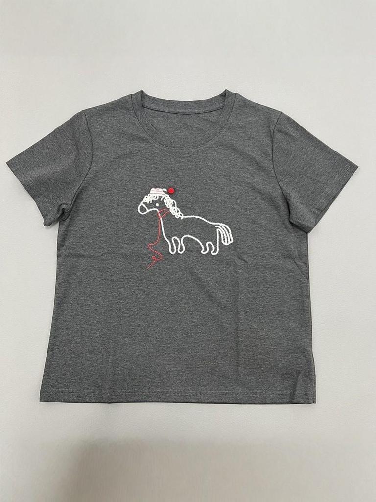 Gray Women's Round Neck Short Sleeve T-shirt with Cartoon Pony Embroidery - Pure Cotton, Summer Style, Versatile Base Layer.