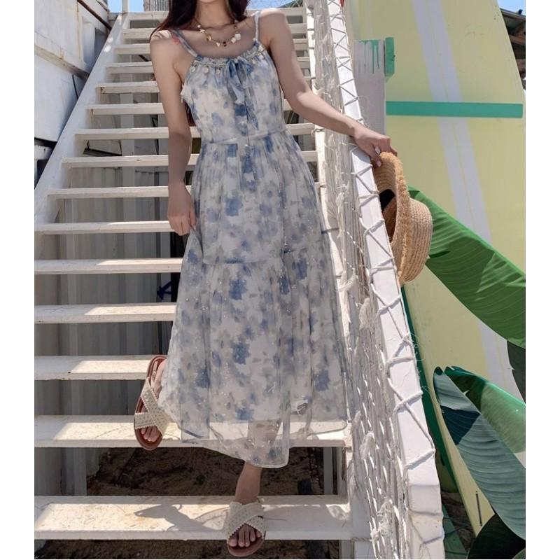 Floral Print Sleeveless V-Neck High-Waisted Chiffon Maxi Dress Women Vacation Beach Outfit