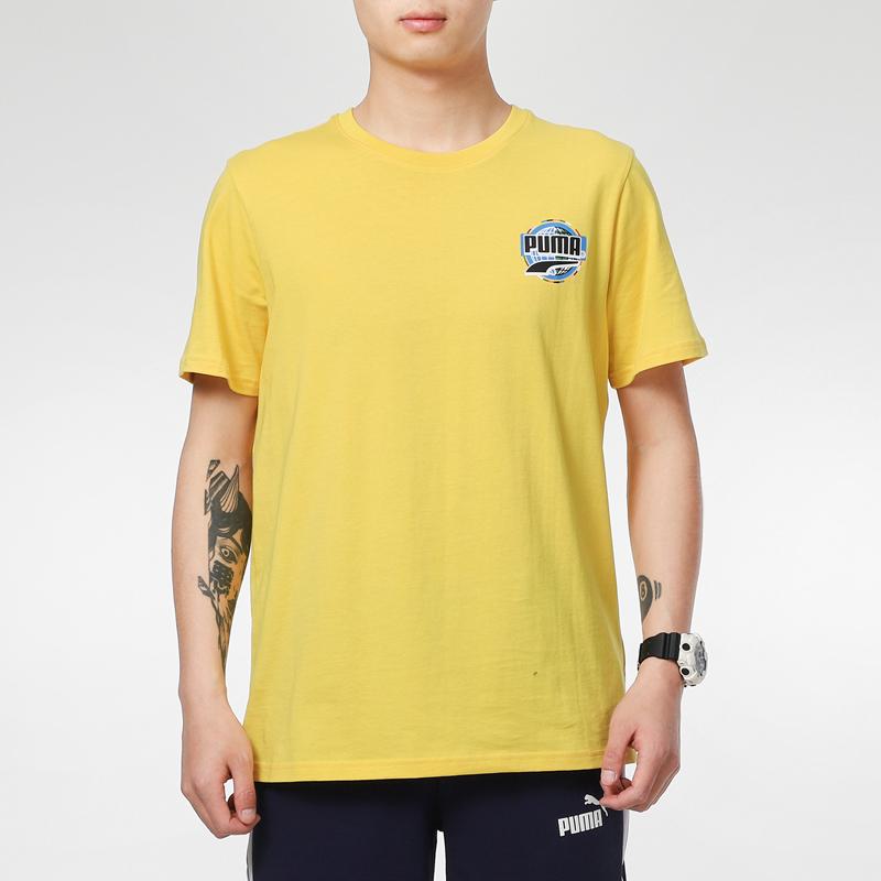 Puma Print Logo Round Neck Sports Tee Men Tops Yellow 531307-37