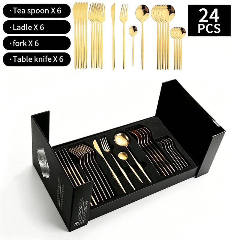 24Pcs Black Handle Gold Cutlery Set of Spoons and Forks, Stainless Steel Utensils for Daily and Festival Use Tea Spoon DCS006