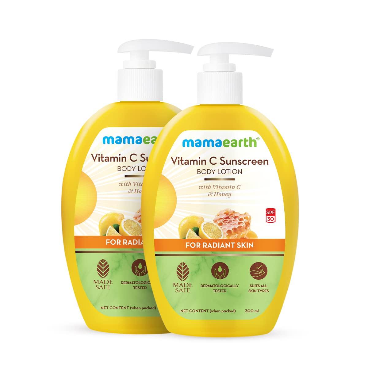 

Mamaearth Солнцезащитный лосьон для тела с витамином C SPF 30 Для сияющей кожи и защиты от солнца 300 мл Упаковка из 2 штук Для всех типов кожи