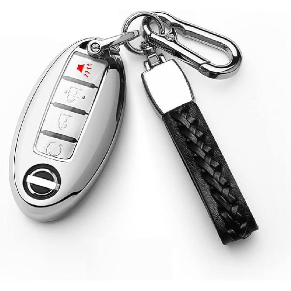 Autophone Compatible With Nissan Key Fob Cover With Leather Keychain Soft TPU Protection Key Case For Altima Maxima Rogue Armada Pathfinder Smart Key