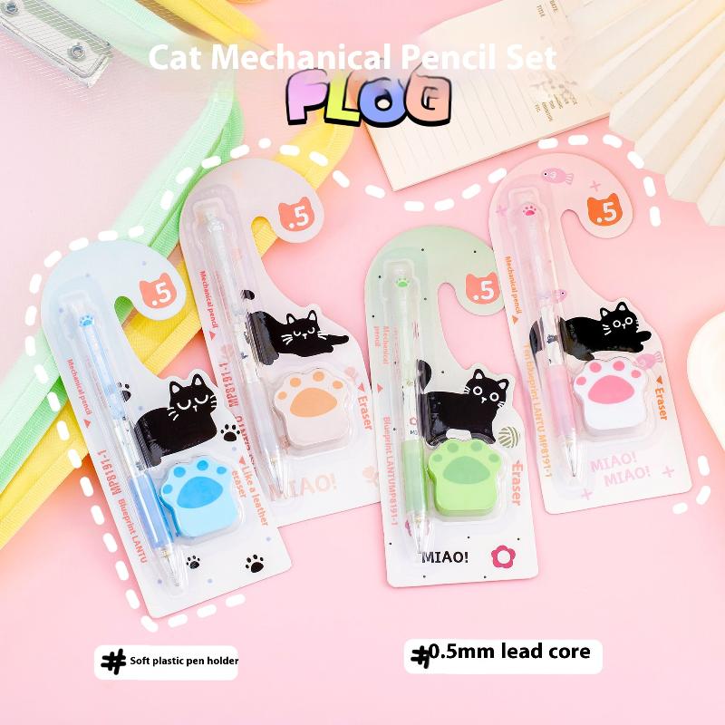 Kawaii Cat Paw Mechanical Pencil Eraser Set Cartoon Automatic Pencils 0.5MM School Supplies For Kids Student Stationery Gift