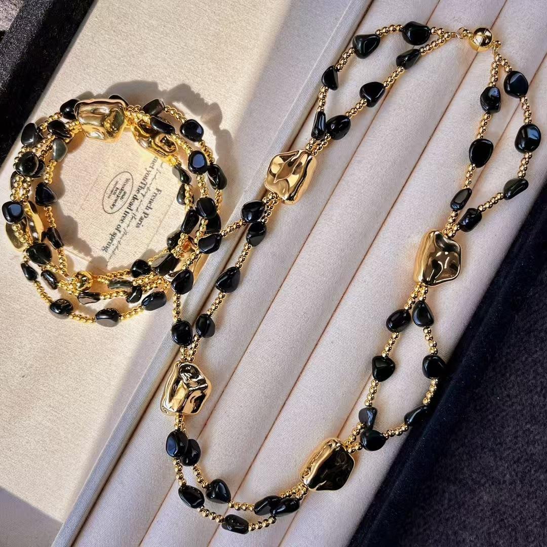 Vintage Natural Black Agate Design Sense Cross Double Necklace Clavicle Chain Sweater Chain