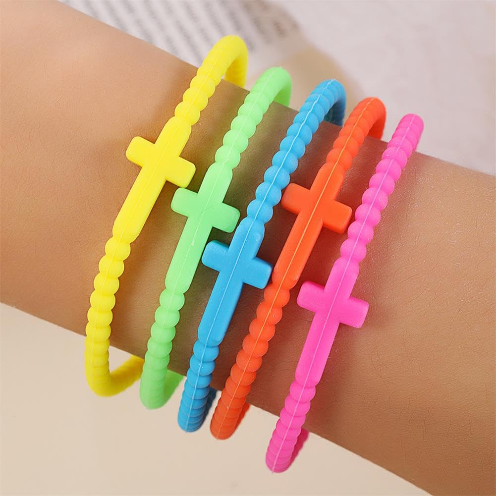 5pcs Candy Color Jesus Bracelets Set for Women Men Simple Colorful Silicone Cross Thin Bracelets Friendship Party Jewelry Gifts