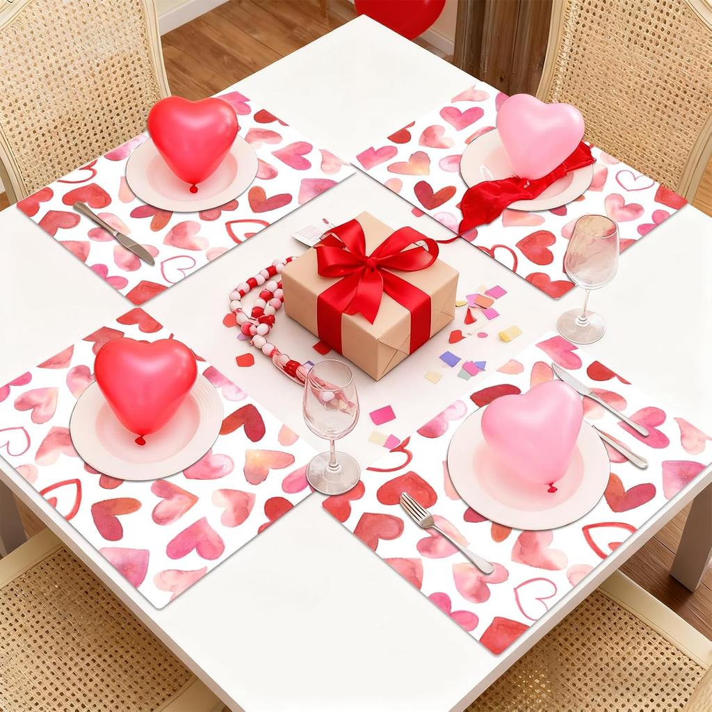 Tarklanda Pink Love Hearts Placemats Set of 6, 11 x 15.7 Inch Washable Vinyl Table Mats Valentine Holiday Plastic Placemats for Anniversary Wedding
