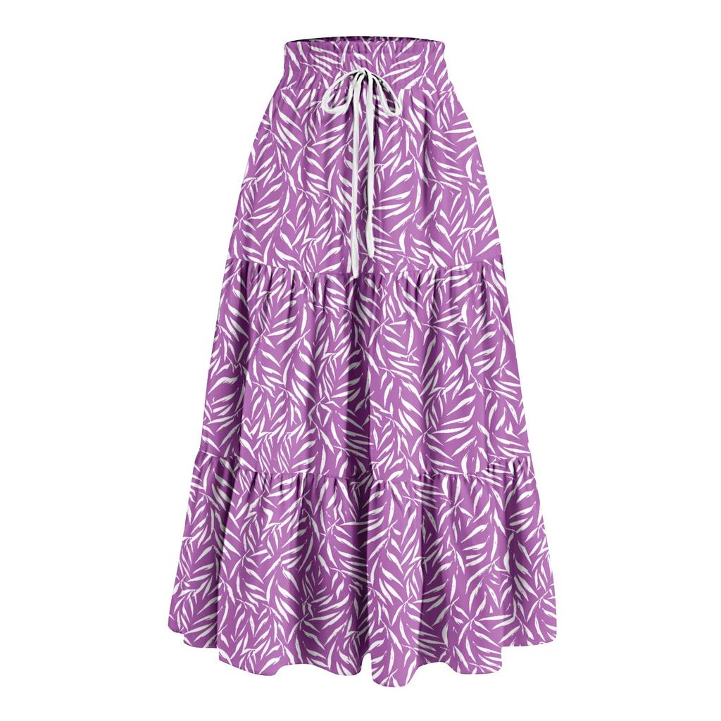 Women's Ruffled Spring Casual Long Skirt Plain Color Skirt Retro Pleated Skirt