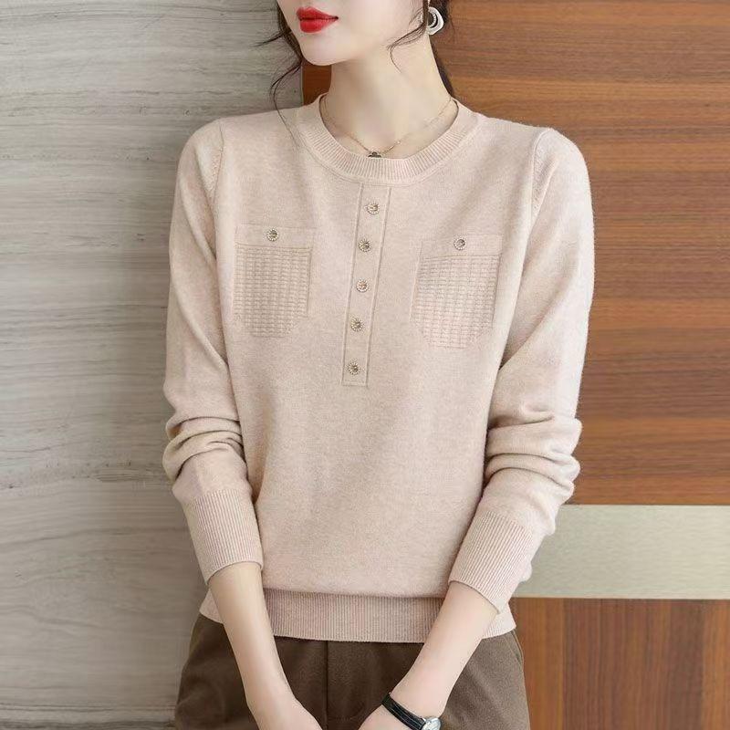 Nowy Wiosenno-Jesienny Luźny Sweter Dzianinowy Okrągły Dekolt Modny Wszechstronny Dzianinowy Top z Długim Rękawem Koszulka Bazowa dla Matki