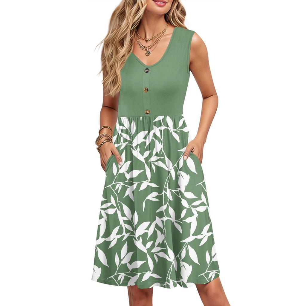 Women Summer Printing Dresses Sleeveless Casual Loose Swing Button Down Midi Sundress With Pockets