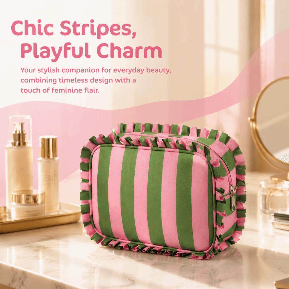 Striped Cosmetic Bag Ruffle Decoration Travel Pouch Portable Storage Bag  Women