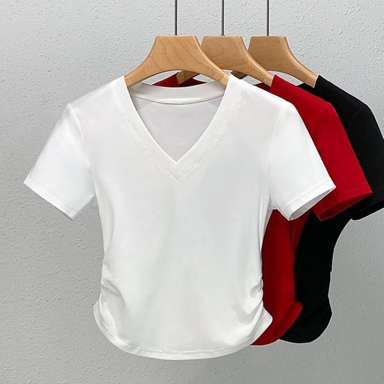 Women Summer Short Sleeve V Neck Solid Color Cotton T Shirt Curved Hem Waist Top New Fashion Casual Blouse