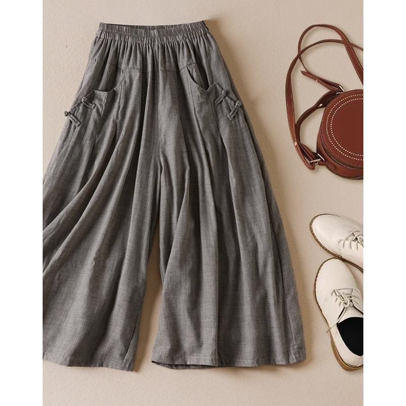 Skutečná fotografie léto nové literární volné jednobarevné bavlněné a lněné elastický pas široké nohavice devítibodové kalhoty ženy