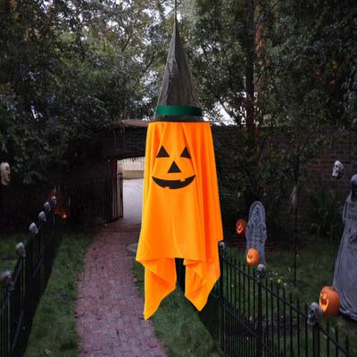 Halloween Hanging Pumpkin Ghost Decoration 40 Inch Large Orange Pumpkin with Wizard Hat for Outdoor Garden Tree Decor
