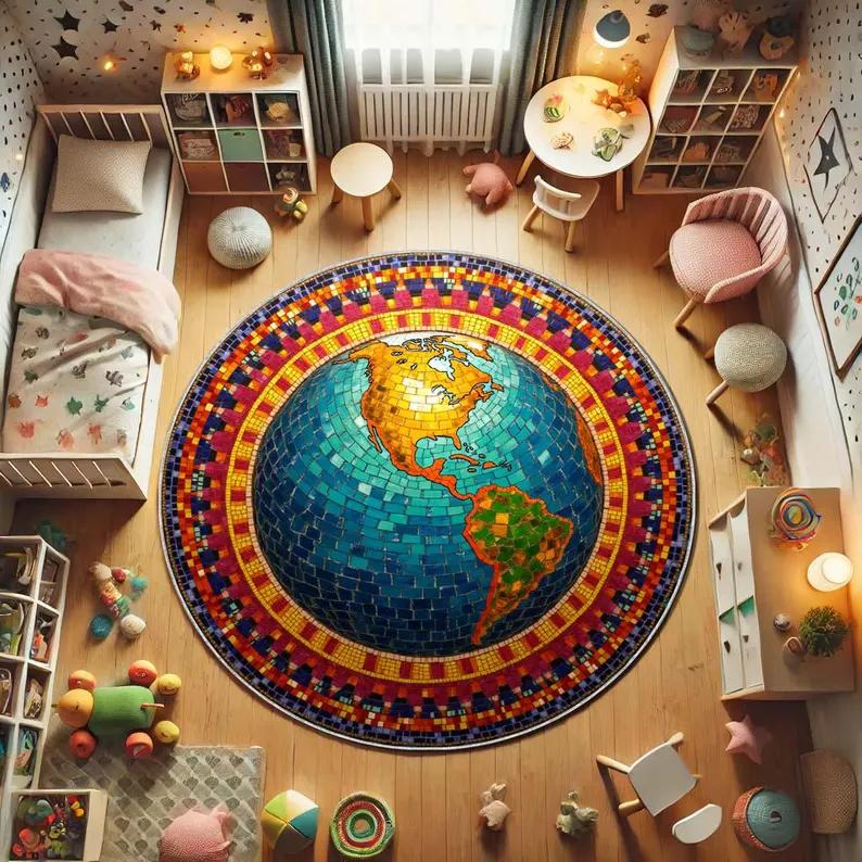 Earth Globe Round Rug Planet World Map Modern Home Flower Bird Anti Slip Door Mat Living Room Bedroom Kitchen Decoration Carpet