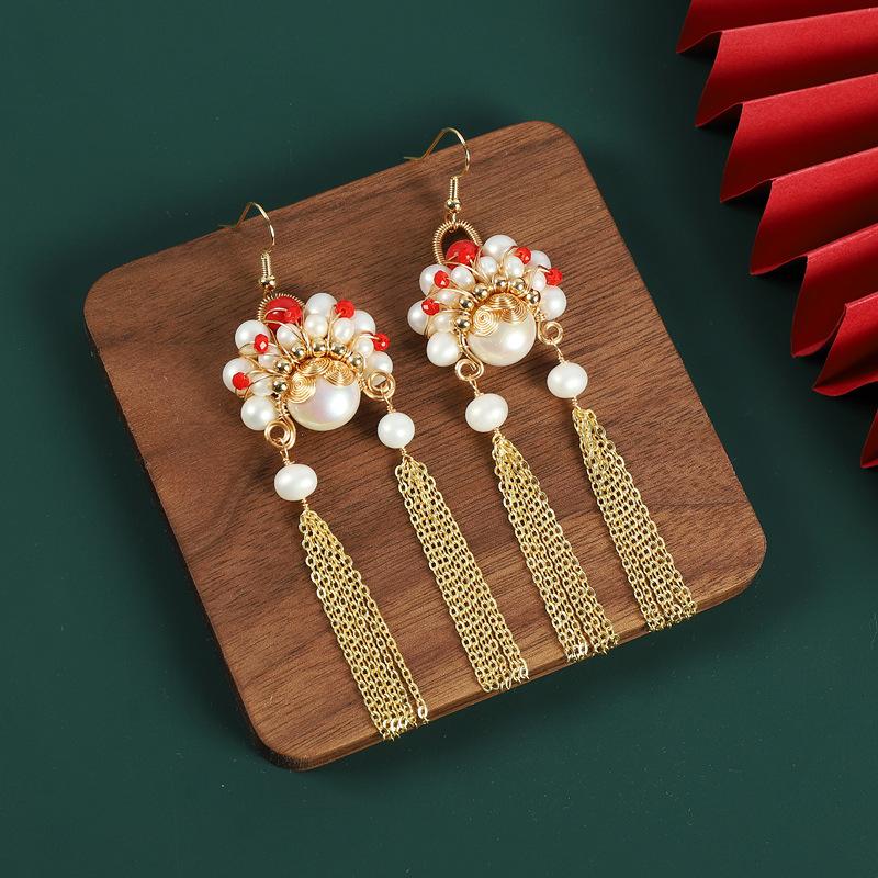 Dao Ma Dan face fringed pearl earrings design sense temperament long niche Guochao earrings women