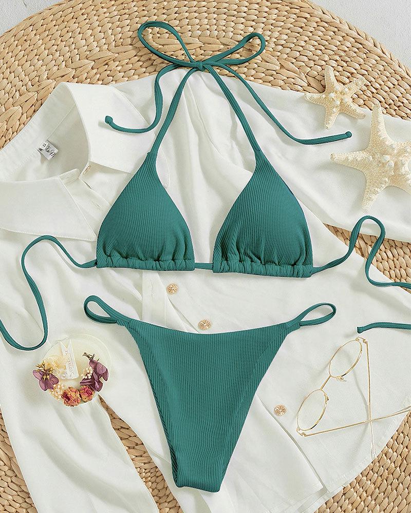 Euro-American Lace-Up Halter Triangle Bikini Set - Sexy Beach Swimsuit