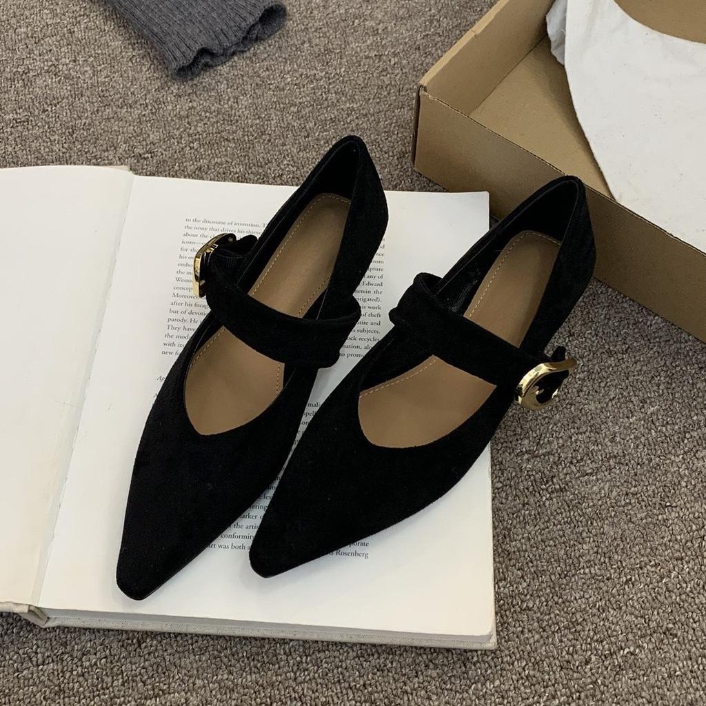 Inner height increase, shallow mouth, pointed head, suede, Mary Jane shoes, women's spring and autumn new gentle thick-soled single shoes