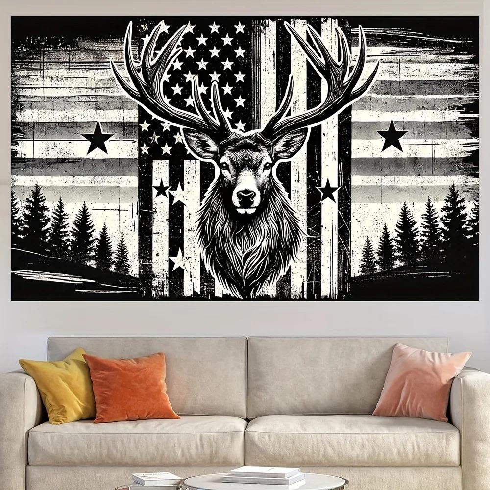 Peach Skin Tapestry Deer Hunting American Flag Wall Hanging Rustic Black and White Elk Forest Man Cave Cabin Decor Living Room