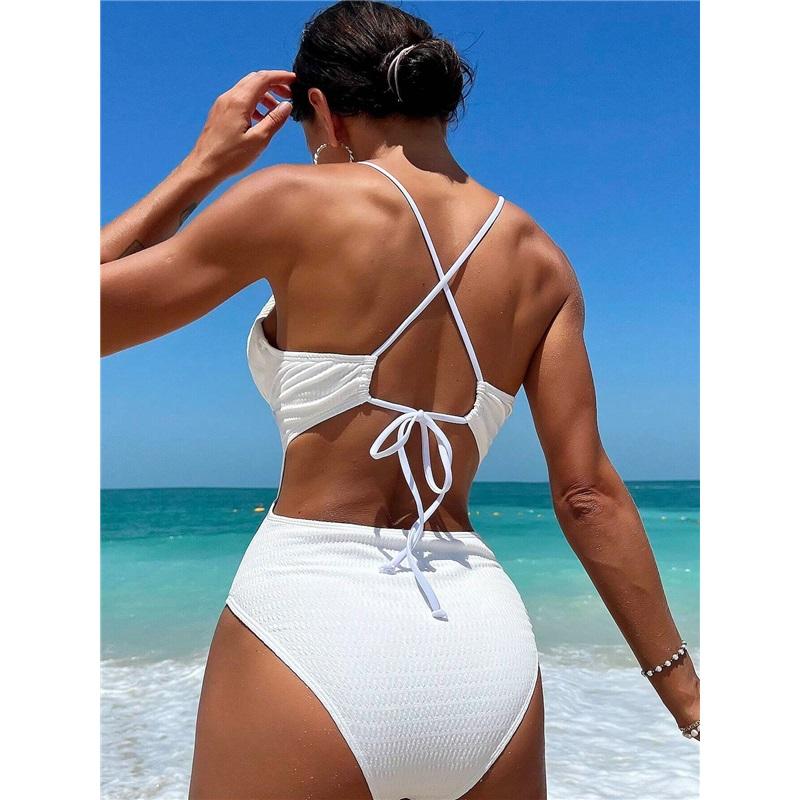 Sexy Backless One Piece Swimsuit For Women High End Spa Style Solid Color European American Design Feminine Tie Detail Elegant Swimwear