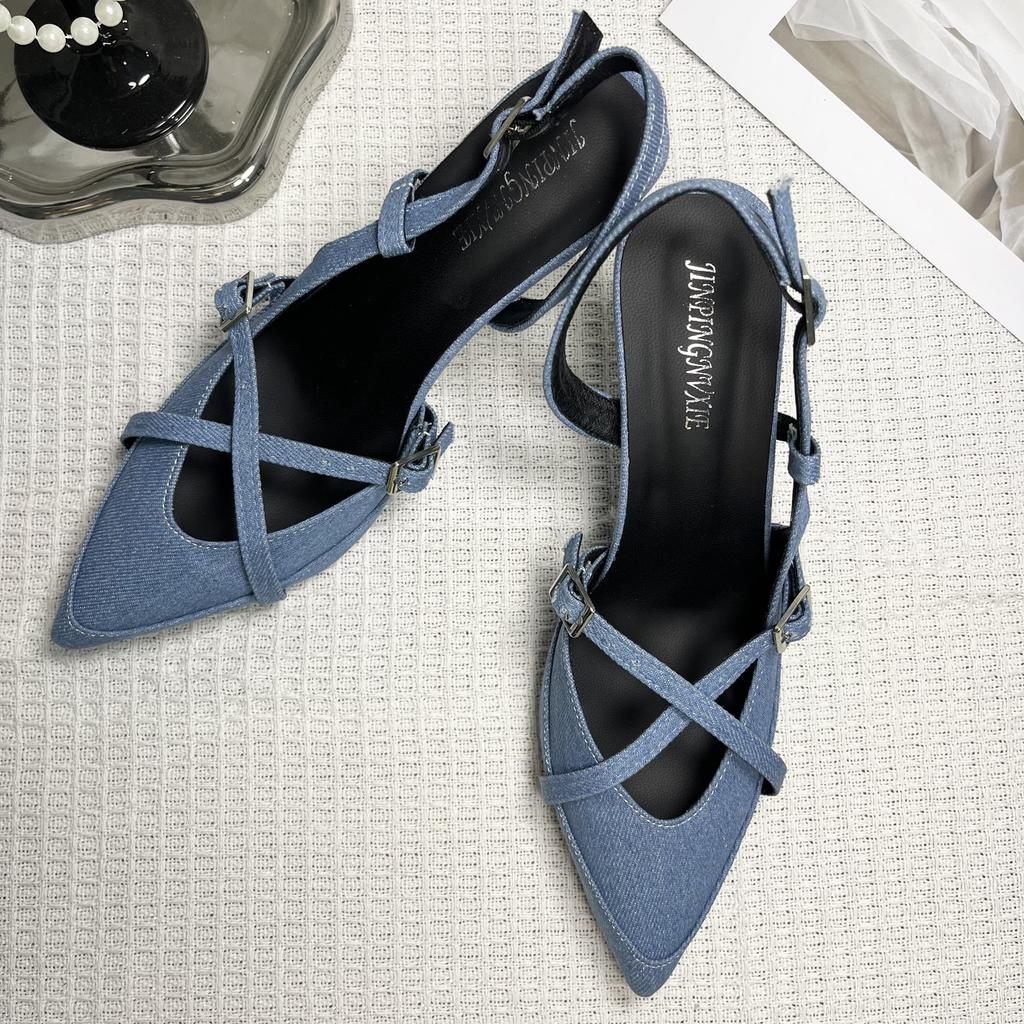 2025 New Women's Jeans Heeled Sandals Pointed High Heel Office Lady Shoes Beautiful Women High Heels  Shoes  Sandalias Mujer