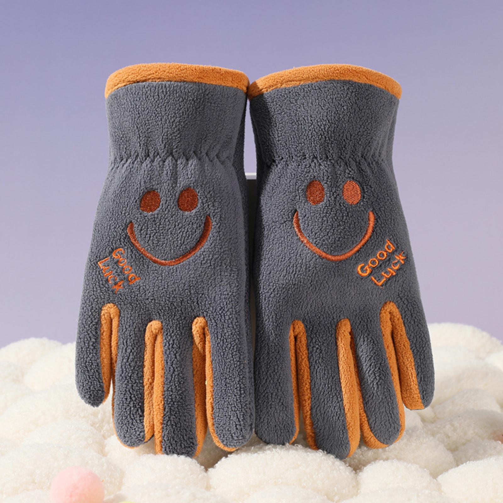 

Children Warm Gloves Fleece Lined Winter Gloves Kids Cold Weather Protection Cartoon Smile Pattern Soft Comfortable Fit One Size