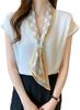 Blouse Shirt Tops Long Sleeve Chiffon Ribbon Plain Casual Formal White [Fairy Stone] Women's V-neck B-51 (S, (Short Sleeve))