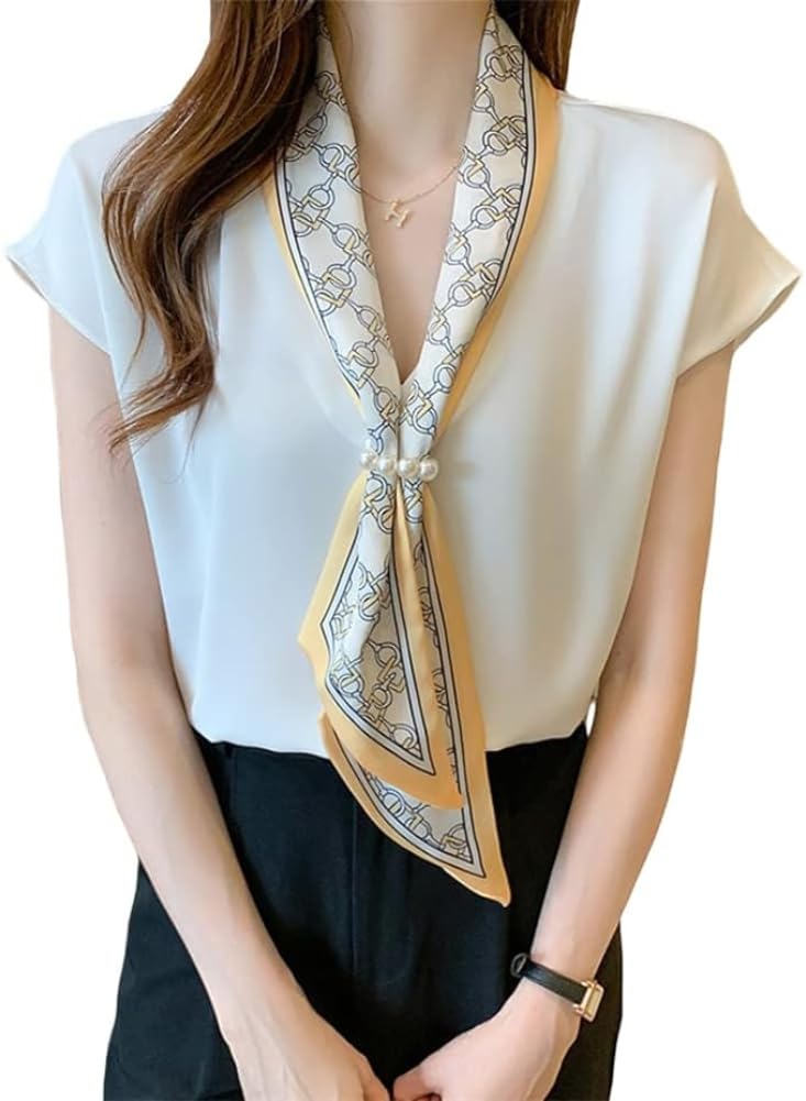 

Блузка Рубашка Топы Длинный рукав Шифон Лента Однотонный Повседневный Формальный Белый [Fairy Stone] Женский V-образный вырез B-51 (S, (Короткий рукав))