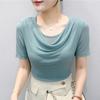 Summer Women's Draped Design O-Neck T-Shirt Trendy Elegant Short Sleeve Mesh Tops New Casual Fairy Tees Blouse