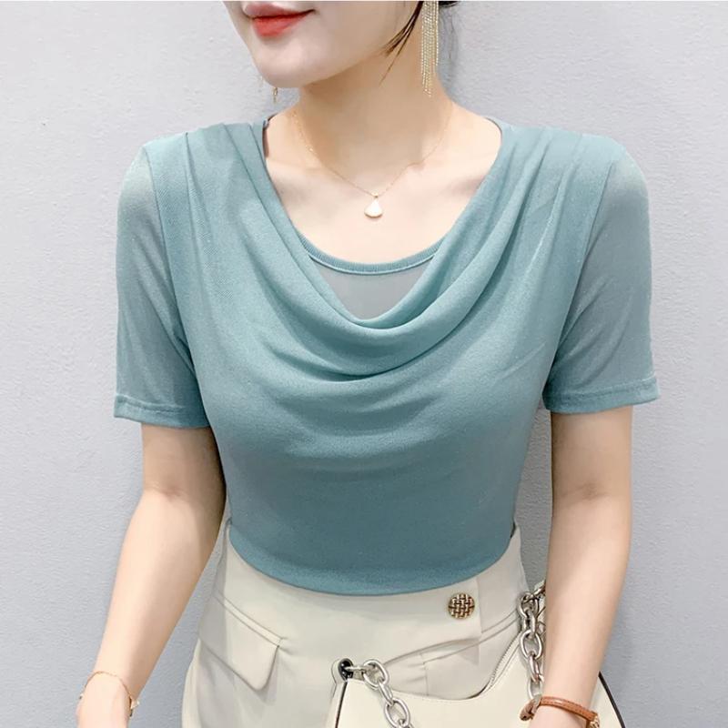 Summer Women's Draped Design O-Neck T-Shirt Trendy Elegant Short Sleeve Mesh Tops New Casual Fairy Tees Blouse