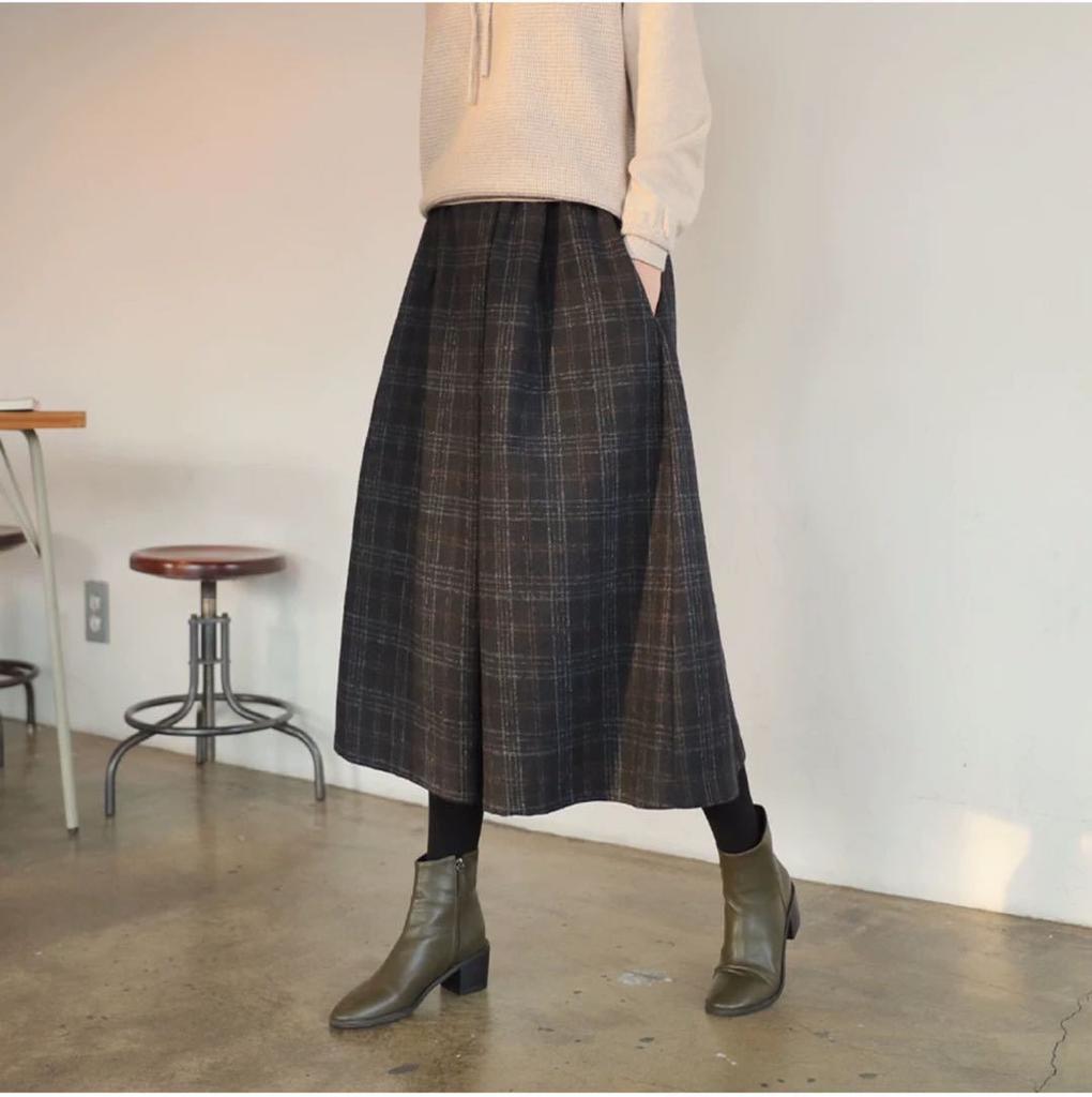 Pantalones de Lana Elásticos de Cintura Alta para Mujer Otoño Invierno Cuadros Lana Pierna Ancha Pantalones Femeninos Casuales Sueltos Longitud Tobillo Pantalones Falda