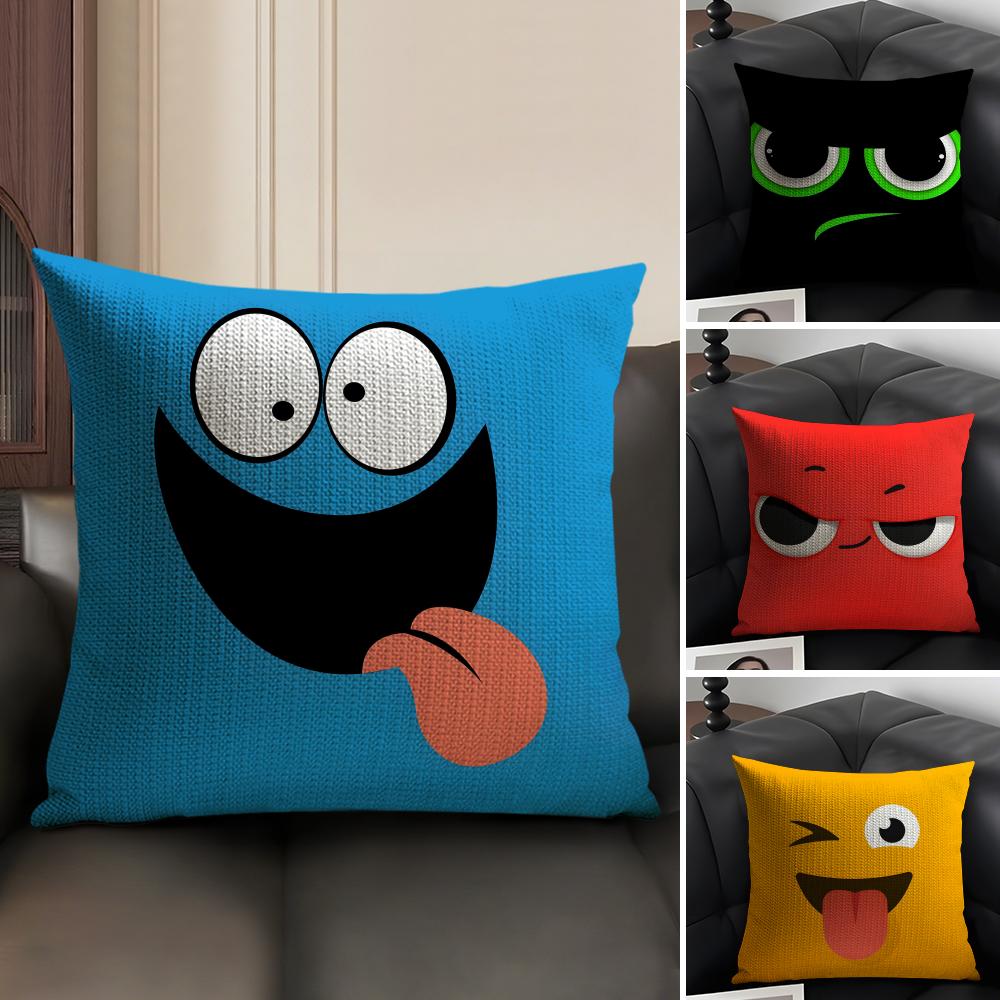 Funny Emoji Cute Cushion Cover Natural Linen Organic Fabric Double-Sided Printing Sofa Home Decor Gift Pillow Case