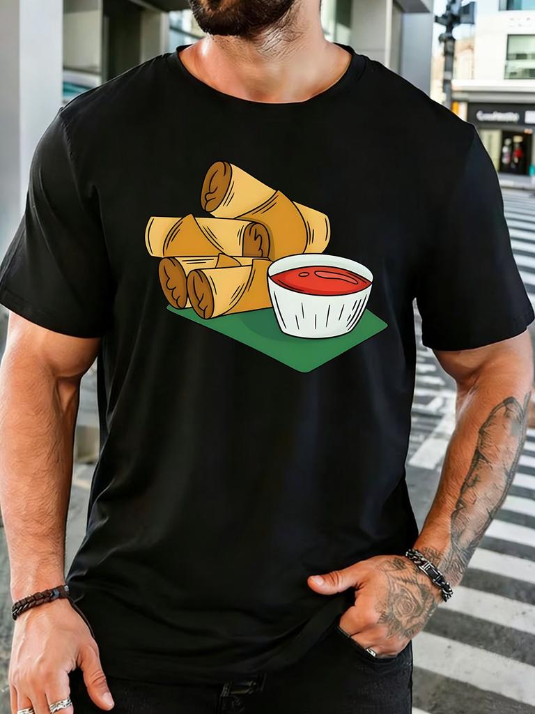 Unisex Cotton Tee Cartoon Spring Rolls Chili Dipping Sauce Graphic Short Sleeve Tshirt For Asian Food Fans Daily Casual Street Top