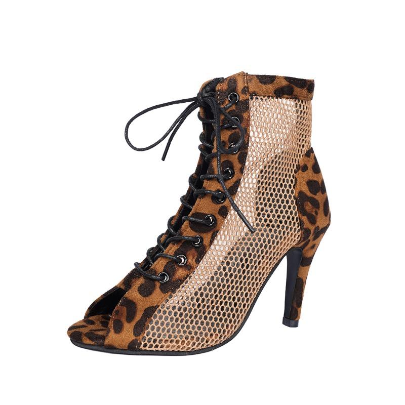 Fashion Leopard Mesh High Heels Women Sandals New Lace Up Cool Boots 2025 Summer Sexy Pointed Toe Pumps Elegant Party Sandalias De Mujer
