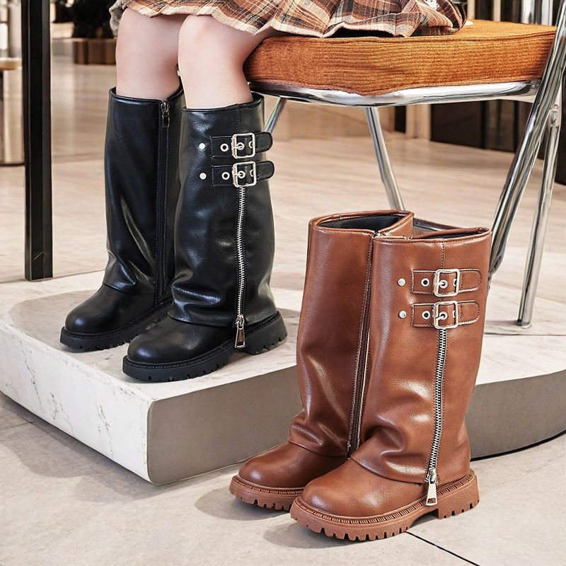 Stivali al ginocchio per bambina Scarpe con zip e fibbia per bambini Tacco quadrato Autunno Inverno Bambini Bambini Stivale lungo da cavaliere 27-37