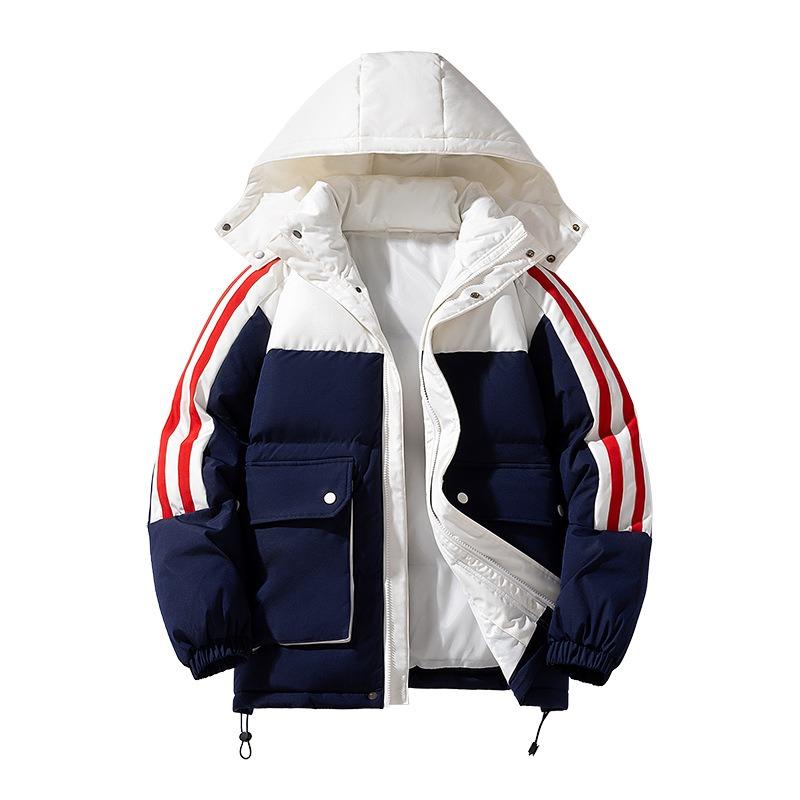 Couple Clothes Cotton-padded Clothes, Large Pockets, Striped Color Matching, Removable Hats, Loose Warm Men's and Women's Cotton-padded Jackets