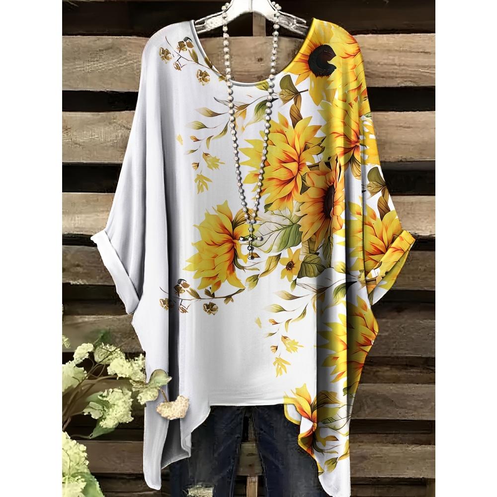 Women's Bohemian Flower Print T-Shirts Black Colorful Retro Full Body Graphic Y2k T-Shirts Summer Asymmetric Hemp&o- Neck Tops