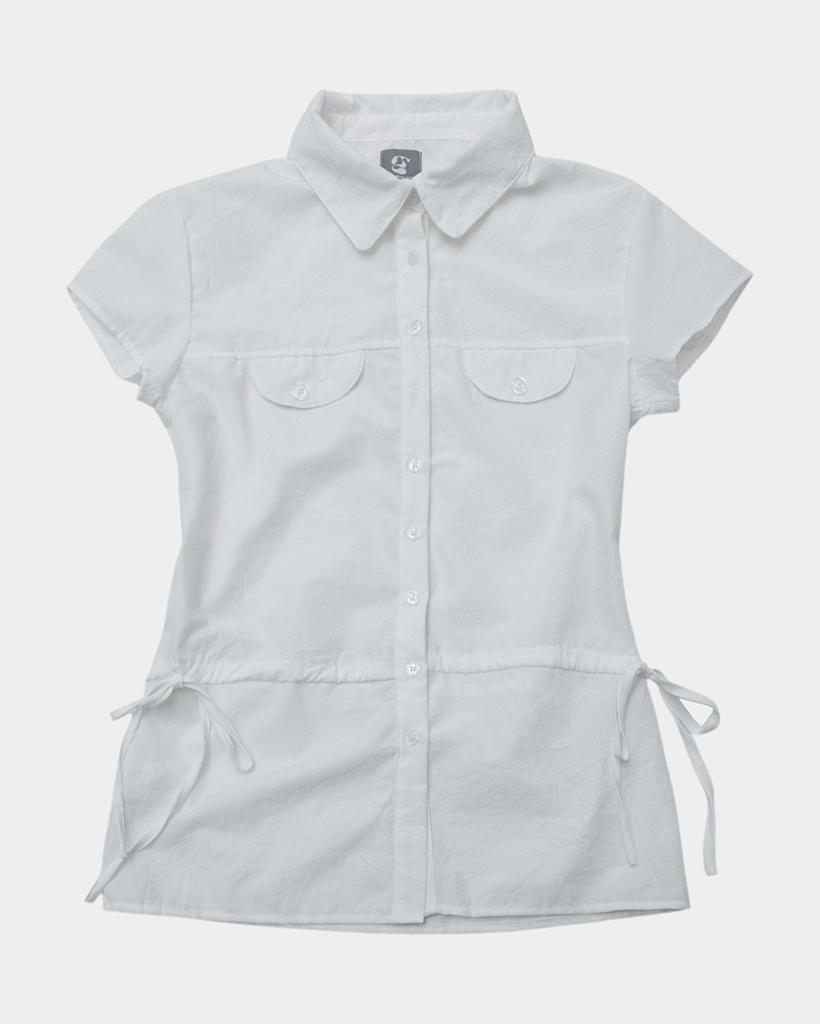 SOME PLACE Ribbon Strap String Snap Point Round Collar Short Sleeve Blouse Shirt [White]