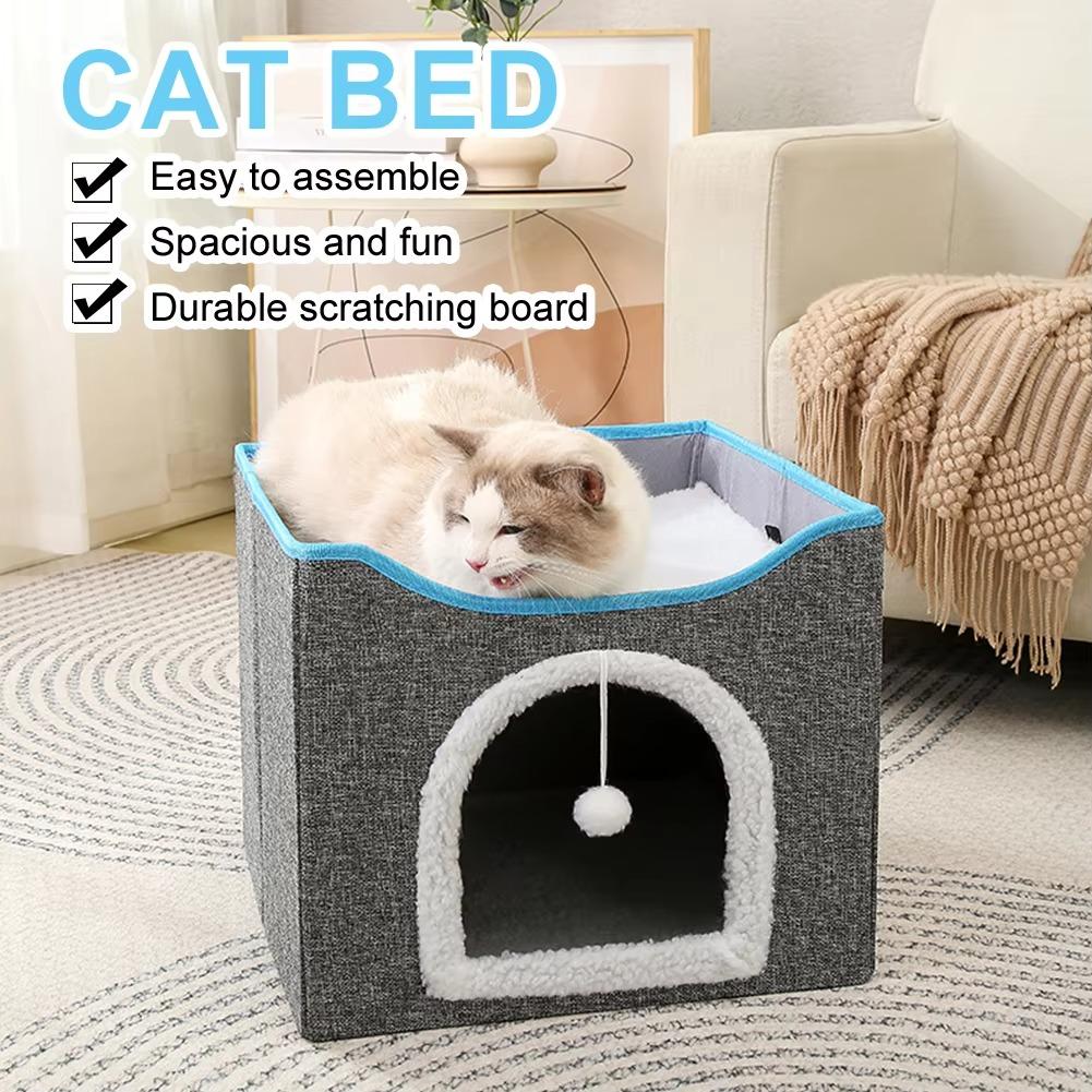 Foldable Cat Bed Two Floors Cats Hiding House With Cat Scratching Board With Door Warm Soft Mat For Cats Accessories