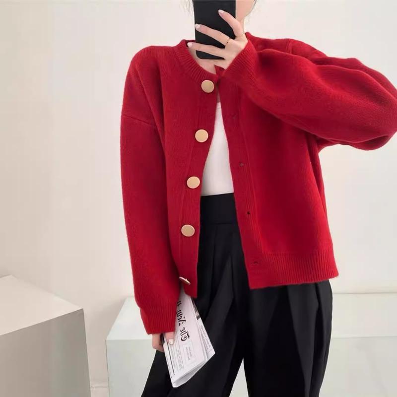 Spring and Autumn New Crew Neck Lazy Wind Single-breasted Solid Color Casual Knitted Cardigan Sweater Women's Jacket