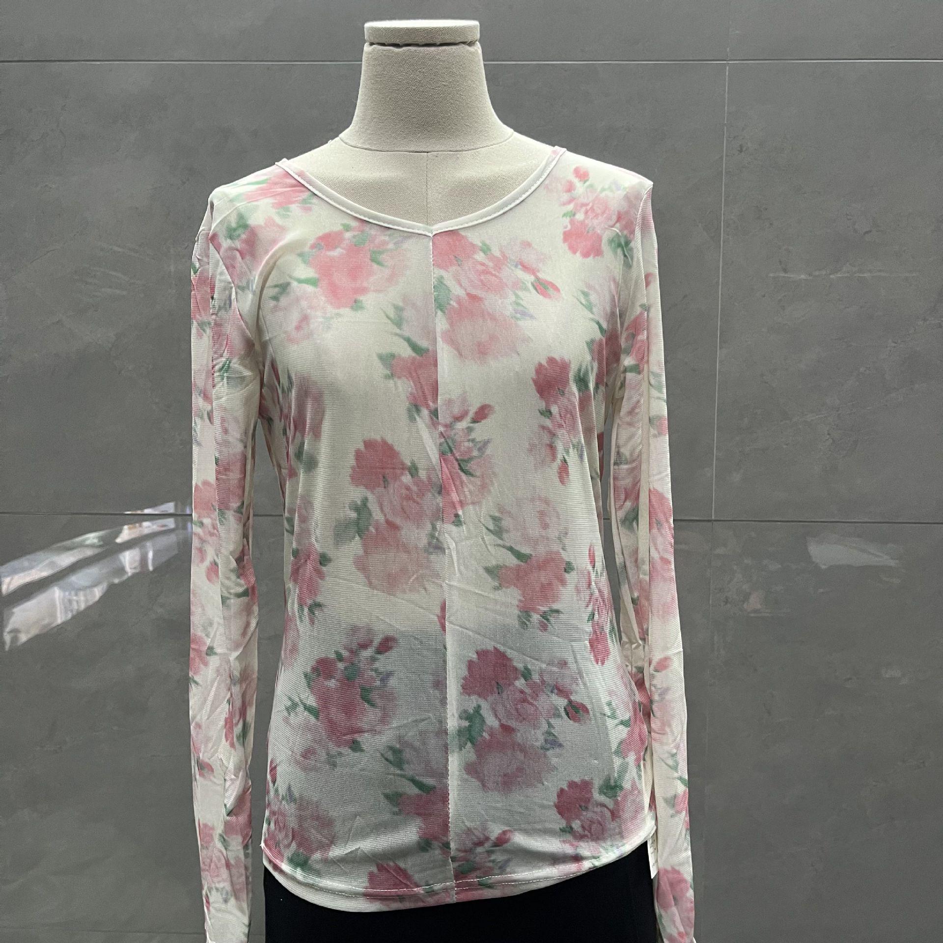 

Французская женская футболка с V-образным вырезом, сетчатая, с цветочным принтом, для защиты от солнца, с длинным рукавом S (for ~95 lbs)