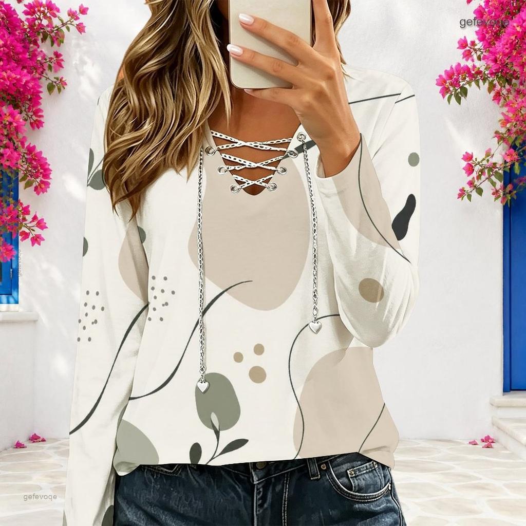 Women Plus Size V Neck Long Sleeve Abstract Printed Eyelet Chain Lace Up Top