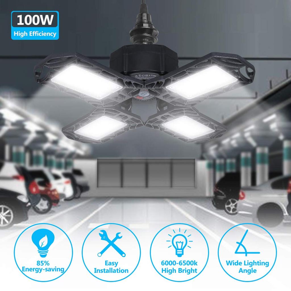 LED Ceiling Light, Garage Light, 4-Light, 100W, 10000lm, Daylight White (6500K), Pendant Light, Ceiling Lighting, Dining Room, Foldable, No