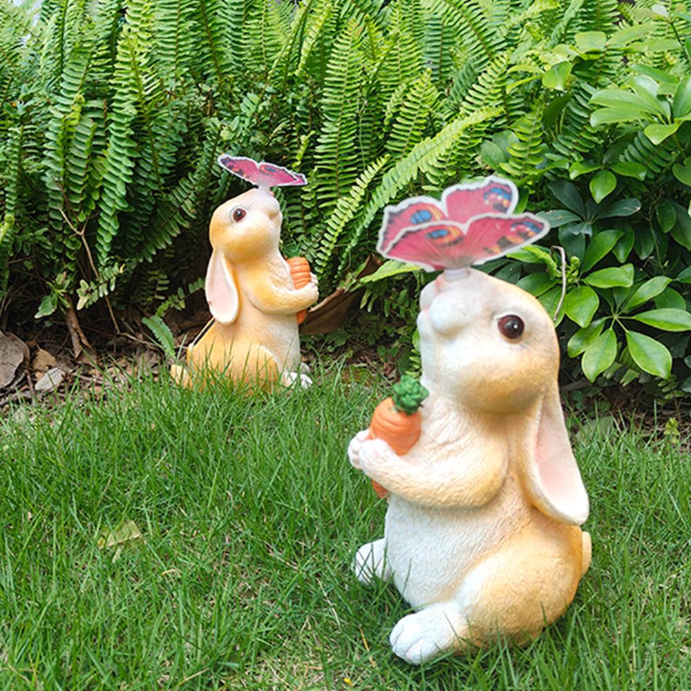 Solar Bunny Statue Garden Decor with Butterfly LED Light Resin Animal Sculpture Figurine Outdoor Decoration for Garden Courtyard