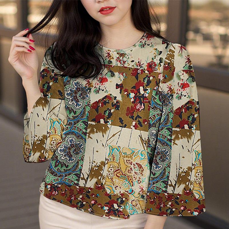 ZANZEA Women Ethnic Print Casual Round Neck 3/4 Sleeve Blouse
