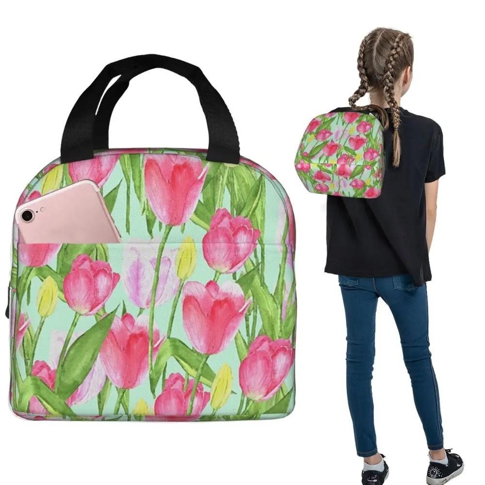 Chic Pink Floral Tulip Painting Insulated Lunch Bag for Women Kids Portable Food Boxes Thermal Lunch Box Tote