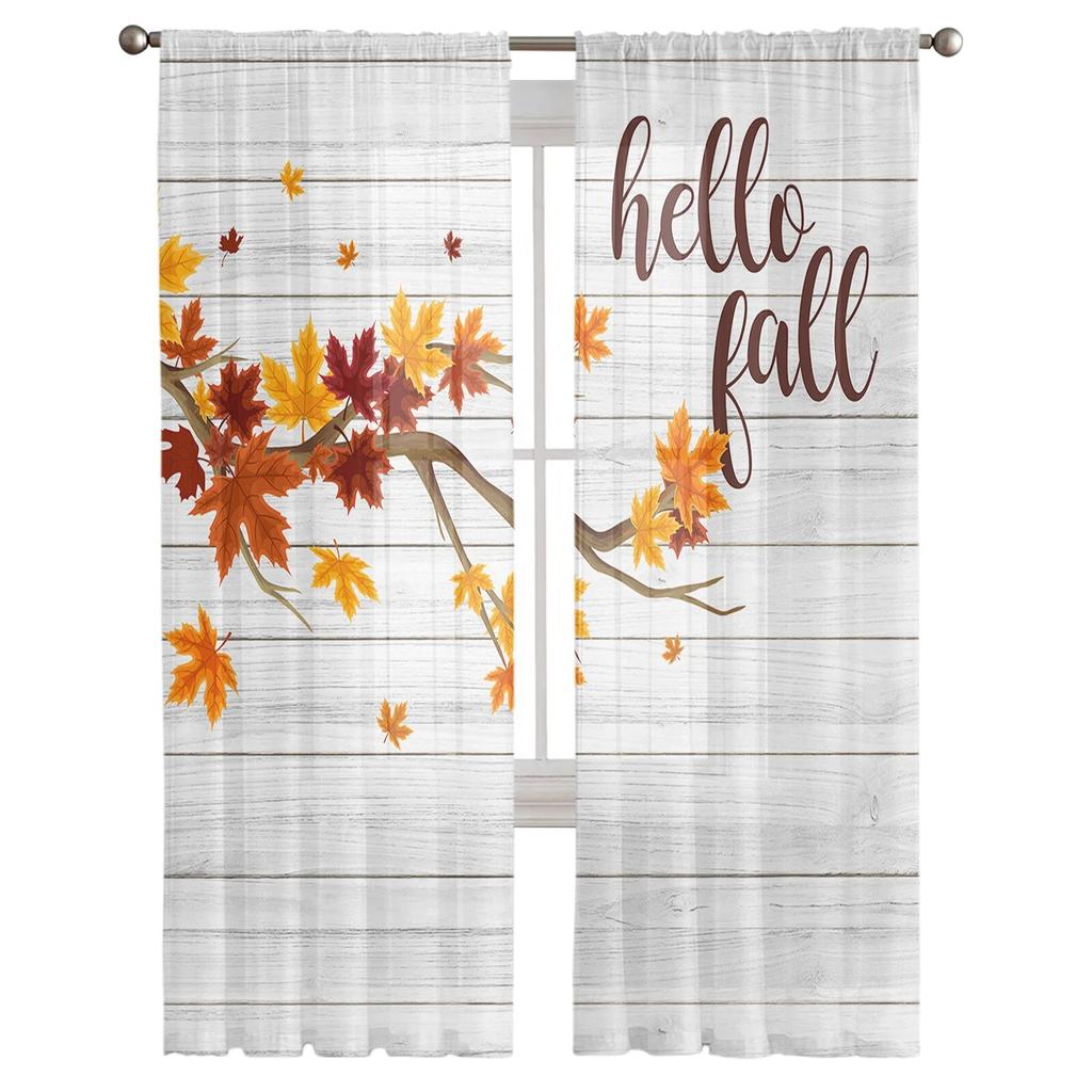 Maple Leaf Farmhouse Retro Wood Grain Tulle Curtain for Living Room Kitchen Bedroom Sheer Tulle for Cafe Hotel Modern Home Decor